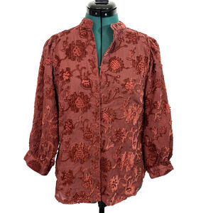 Anthropologie Pilcro Size XS Velvet‎ Floral Applique Button Down Top Red Relaxed